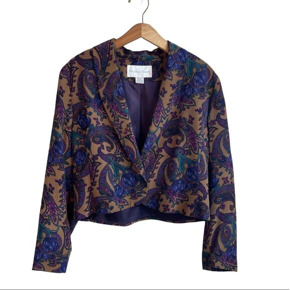 Michelle Stuart Vintage Silk Purple Paisley One Button Cropped Cardigan M/L - Picture 1 of 9